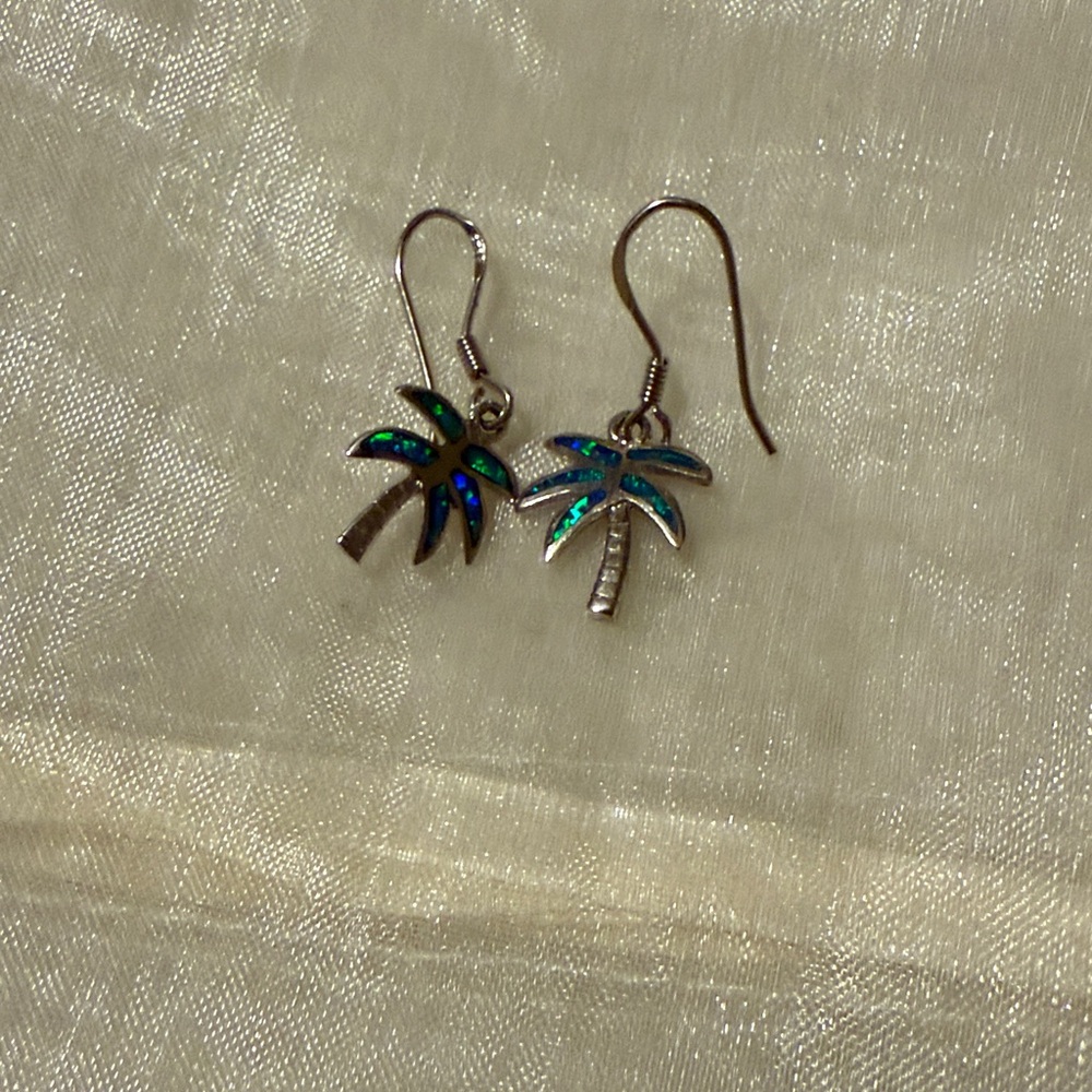 Sterling Silver and Opal Palm Tree Dangle Earrings - NEW